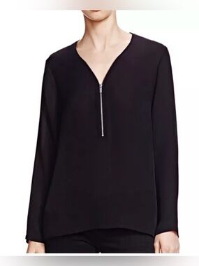 The Kooples Black Long-Sleeve V-Neck Zip Front Blouse